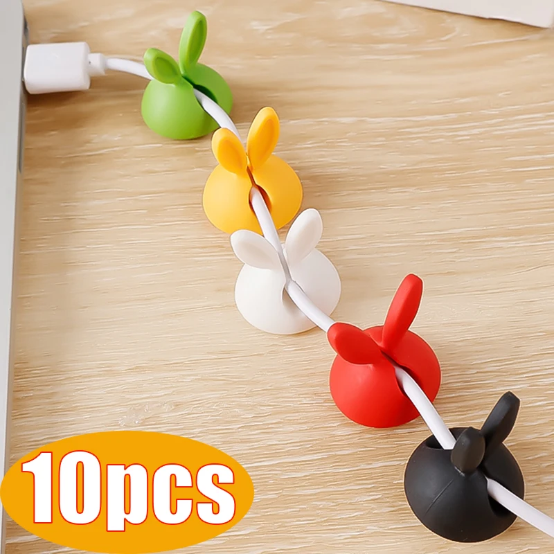 10pcs cute bunny ears cable clips silicone self adhesive cable manager desk phone charger cable earphones wire winder holder free global shipping