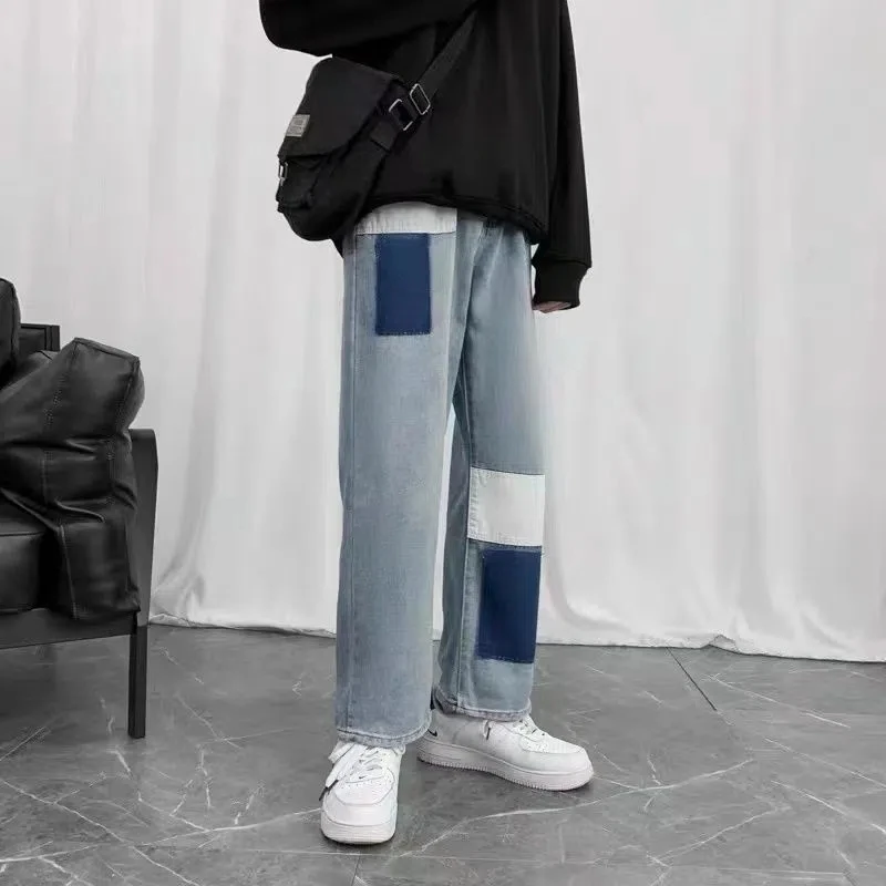 Men Jeans Patchwork Trendy Panelled Loose Leisure Chic Males Denim Straight Punk All-match Retro Trousers Baggy Cowboy Students