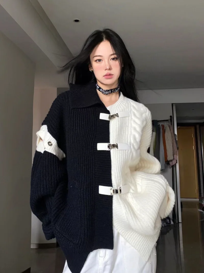 

New Personalized Winter Clothes Women's Irregular Color Contrast Cardigan Coat Loose Winter Deconstructed Metal Knitted Sweater