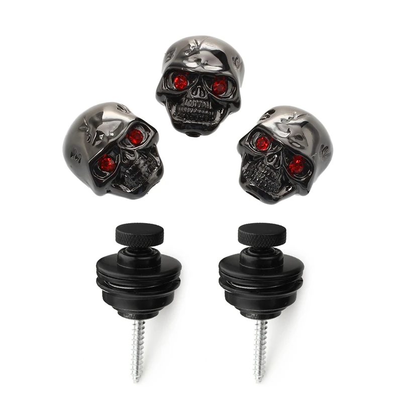 

3X Electric Guitar Skull Head Volume Control Knobs Black & 2X Guitar Strap Lock Guitar Belts Buckle Button Thread Black