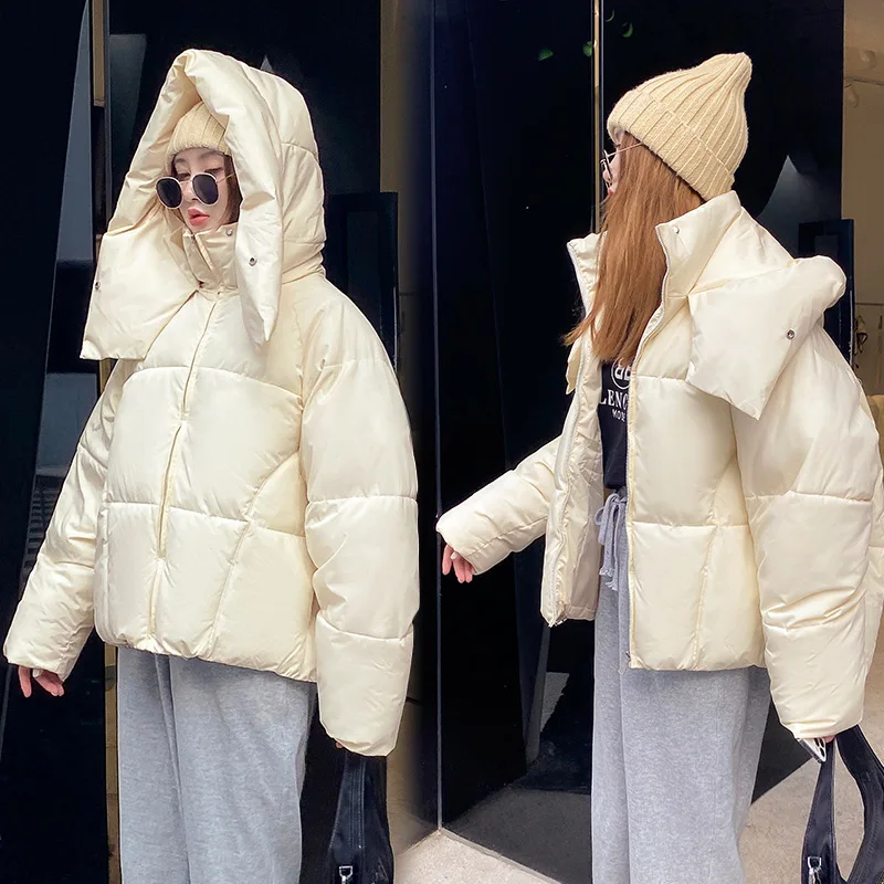 GRELLER 2022 Winter New Korean Style Fluffy Hooded Bread Down Jacket Women Thick Loose Hooded Short Jacket Winter Coat Clothes