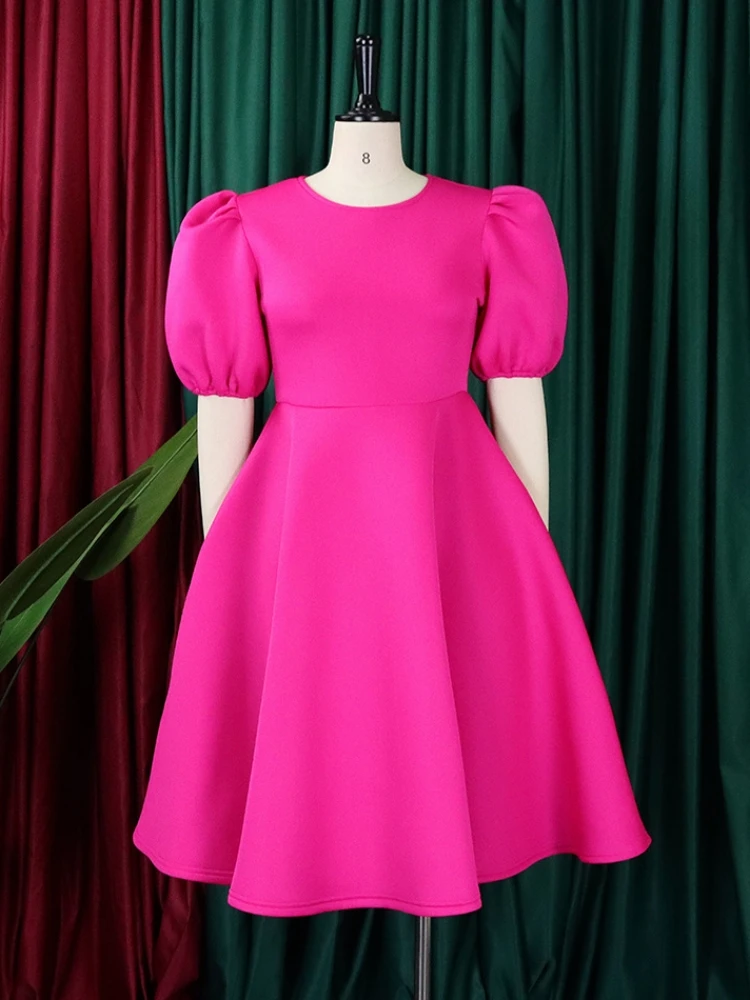 Women Elegant Club Party Dress Plus Size Puff Sleeves Pleated Midi Dresses High Waist Fashion Swing Robes Femme Gowns Vestidos