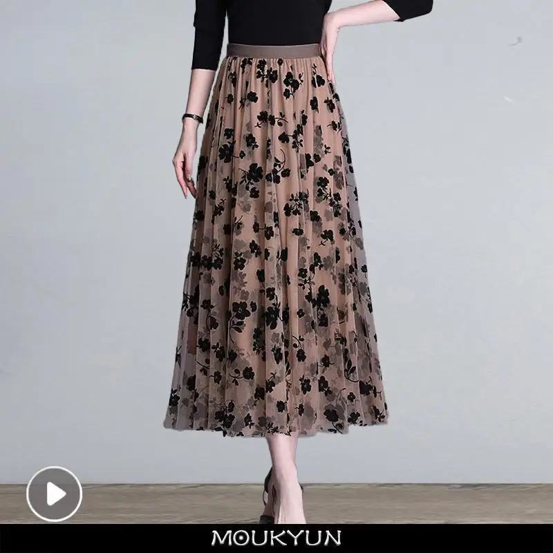 

MOUKYUN Mesh Floral Skirt Women Spring Elegant Coffee Long Gauze Skirt Korean Fashion High Waisted Puff Tutu Midi Skirts Faldas