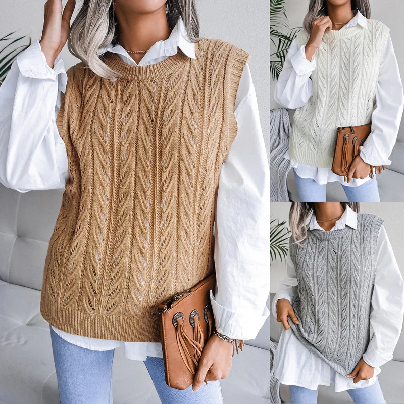 

Round Neck Hollow Leaf Knitted Vest Sweater Spring Autumn Casual Womens Clothing Khaki Gray White