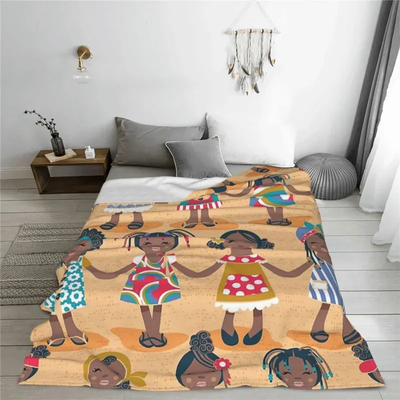 

Cartoon Black African Girl Flannel All Season Multifunction Soft Throw Blanket For Bed Car Rug Piece