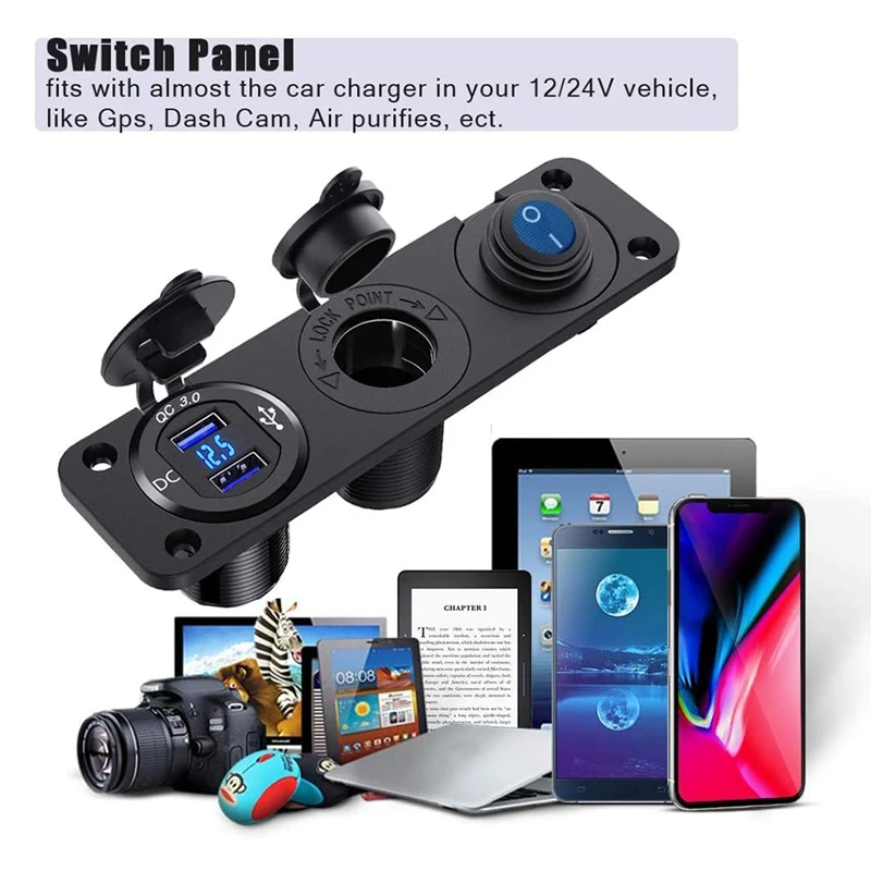 

Dual USB Car Charger Socket Panel Cigarette Lighter Socket Splitter Voltmeter Independent Switch 12V-24V Car Boat Truck