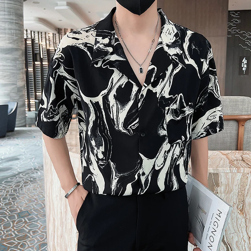 Fashion Printed Shirts Men 2022 Summer Short Sleeve Casual Loose Shirt Large Streetwear Social Oversized Lapel Tops Men Clothing