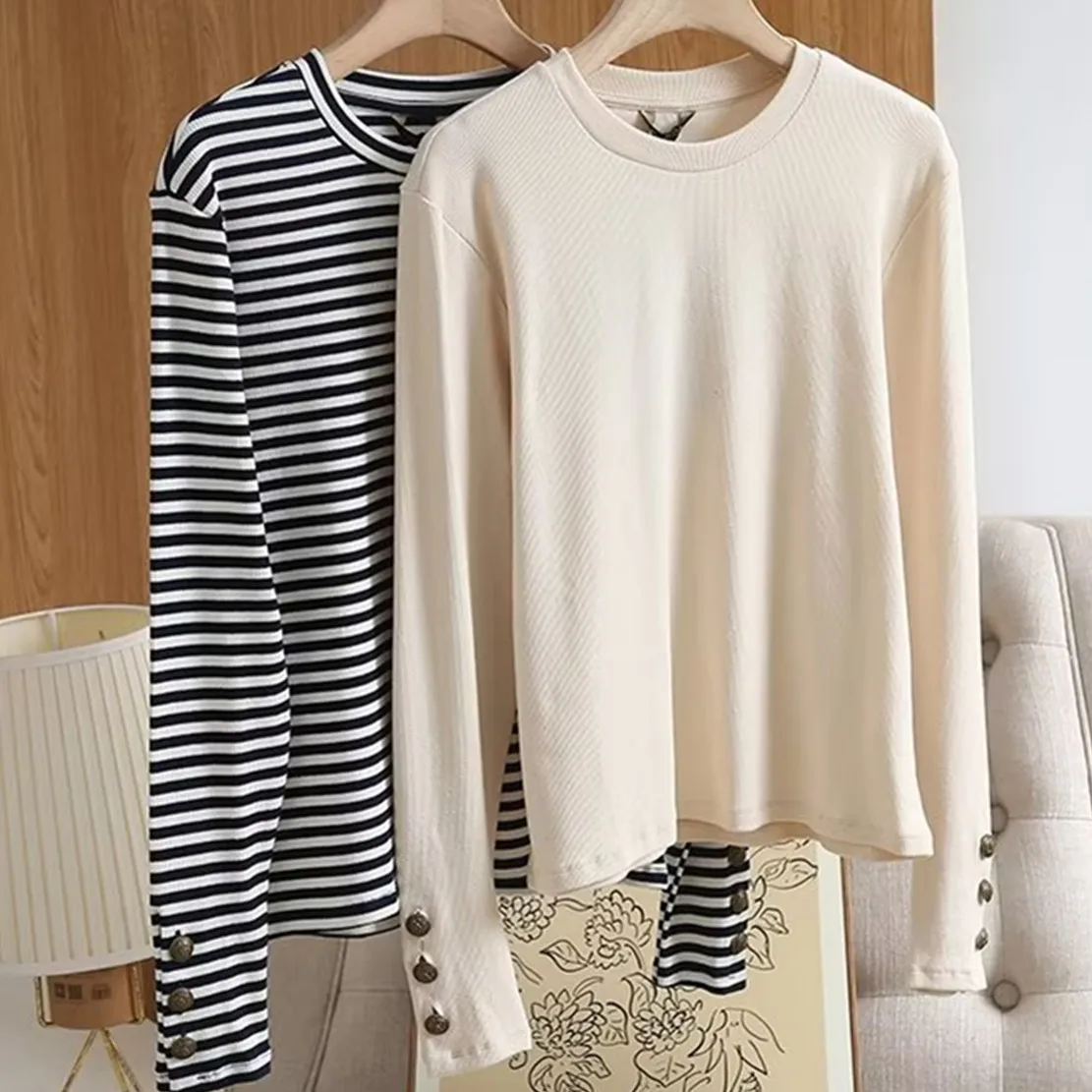 

Elmsk England Style Casual Sweaters Women Fashion Simple Striped Round Collar Long Sleeve Short Knitwear Tops
