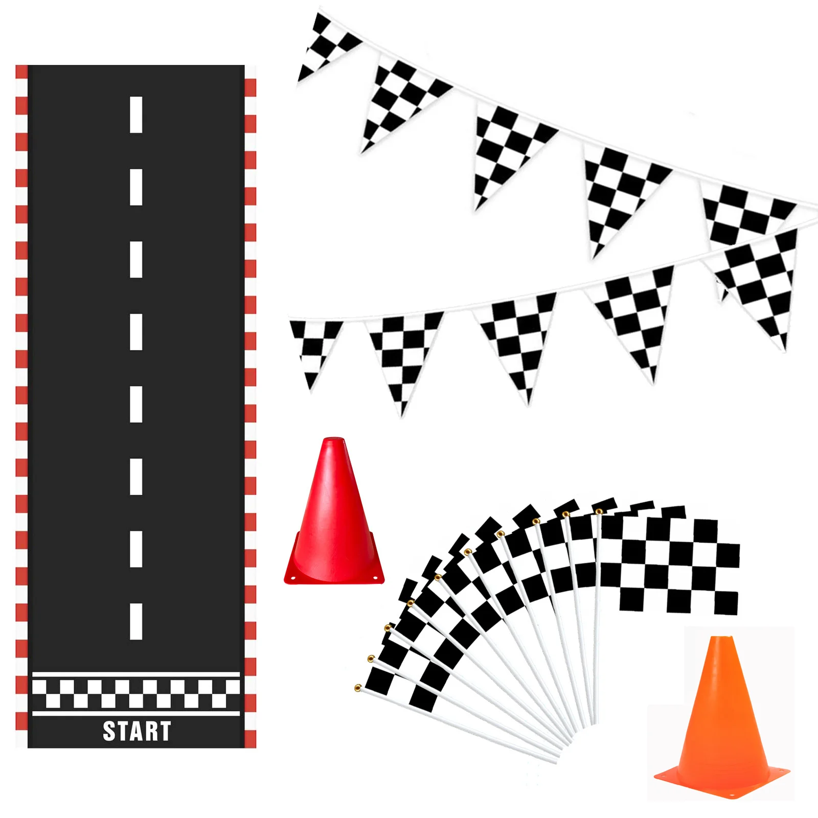 

Racing Theme Traffic Cones Checkered Flag Race Track Floor Running Banner Set Birthday Party Decorations for Kids by Novelty