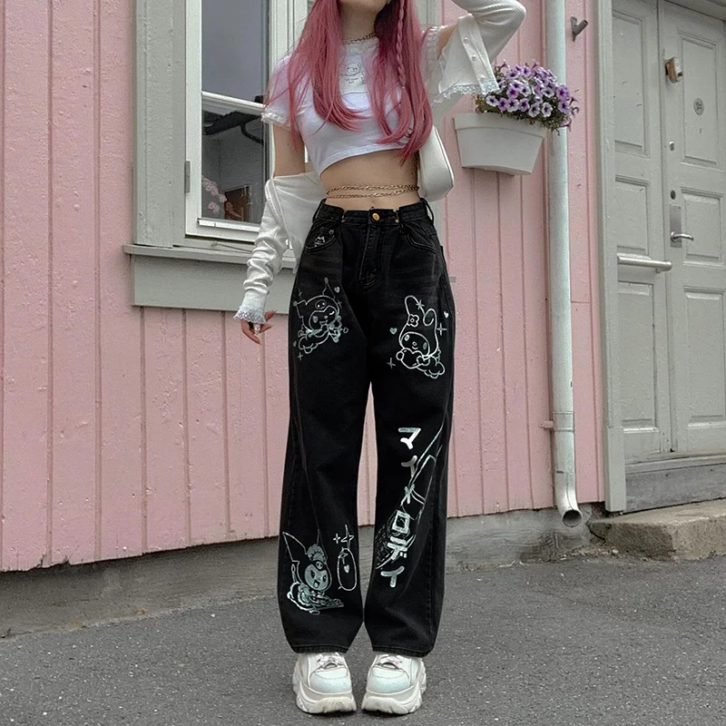 

1x Spring New Dark Cartoon Print Jeans Fashion Casual Cool Girl Loose Comfort High Waist Straight Pants Punk Streetwear