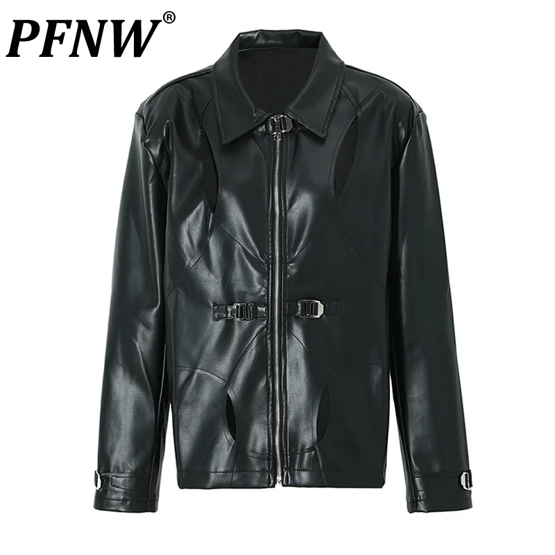 

PFNW Loose Fit Black Pu Leather Men Coat Cut-out Big Size Jacket New Lapel Long Sleeve Fashion Spring Autumn 2023 1DF3143