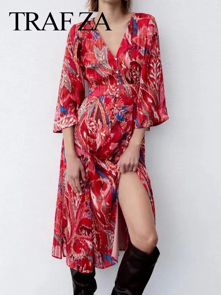 

TRAF ZA Lightweight Casual Fashion Three-quarter Sleeve Women Dress Retro Red Printed V-Neck Single Breasted Waist Lady Dress