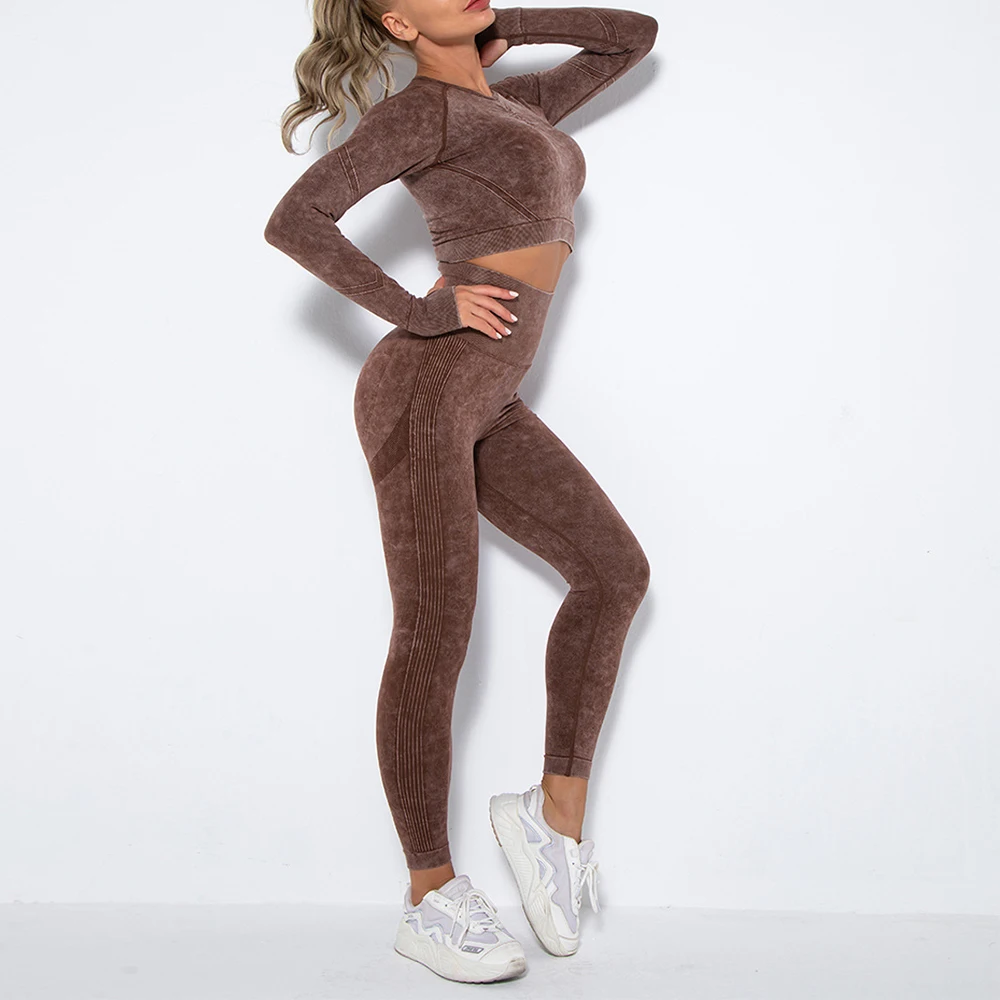 

2 PCS Seamless Women Yoga Set Workout Sportswear Gym Clothes Fitness Long Sleeve Crop Top High Waist Hip lift Legging Sport Suit