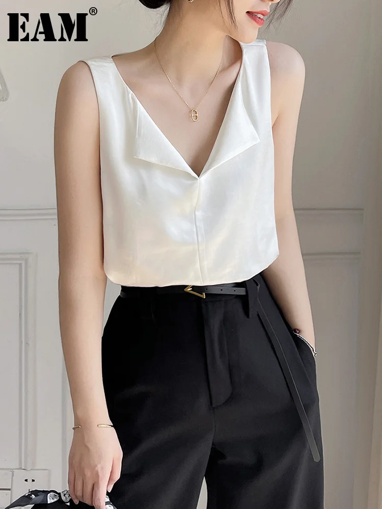 

[EAM] Women White Brief Casual Hem Slit Elegant Tank Tops New V-collar Sleeveless Personality Fashion Spring Summer 2023 1DE8383