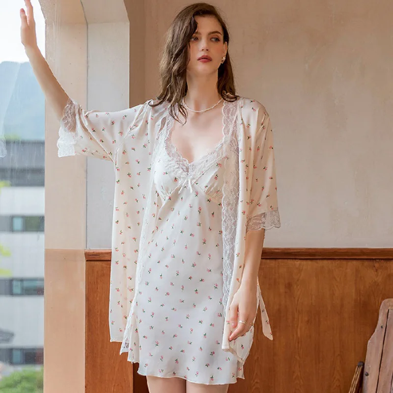 

4SETS Ultra Thin Summer Pajamas Female's Ice Silk Suspender Nightdress Floral 2PC Nightgown Set High Quality Soft Home Clothing