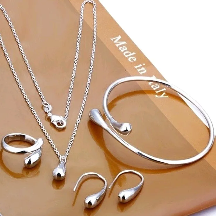 

European and American jewelry water drop necklace four-piece set 925 silver earrings ring bracelet set Valentines Day Gifts