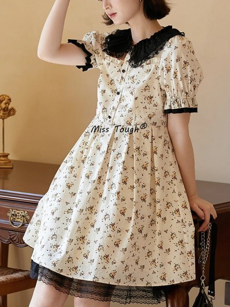 

Летнее кружевное милое платье с цветочным принтом, женское шифоновое мини-платье в стиле "Лолита", женское корейское модное дизайнерское пр...