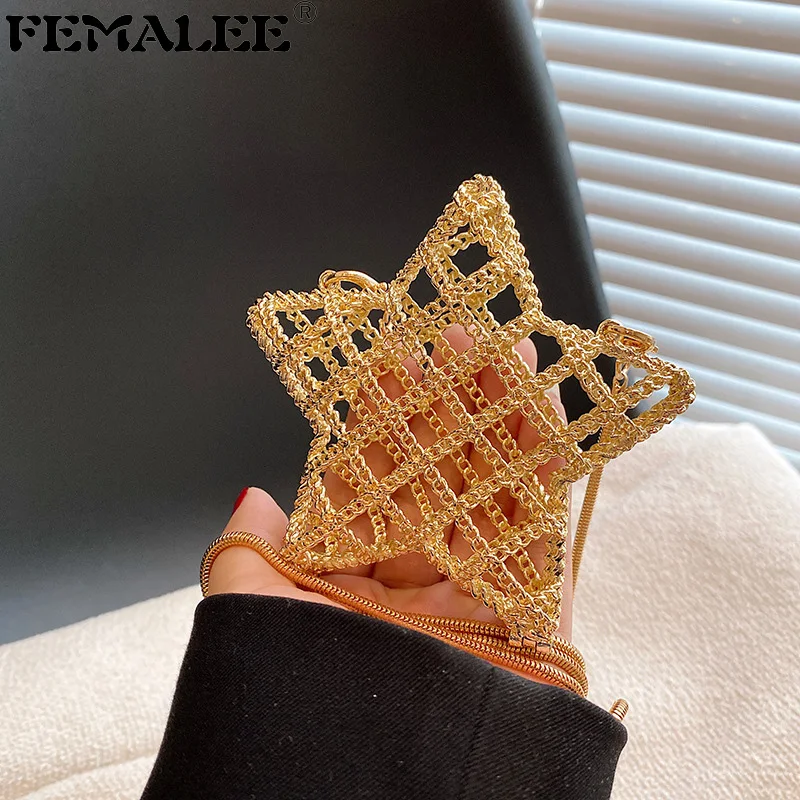 

Women Mini Silver Gold Metal Bag Hollowed Out Star Bag Pentagram Clutch Earphone Purses European Ins Body Jewelry Accessories