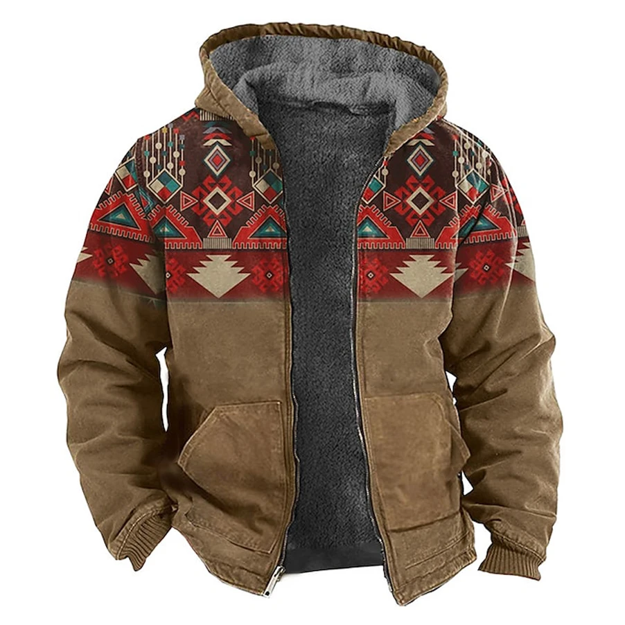 

2023 Winter Men Zip Up Hoodies Long Sleeve Fleece Hood Jackets Traditional Splicing Tribal Graphics Casual Outerwear Sweatshirts