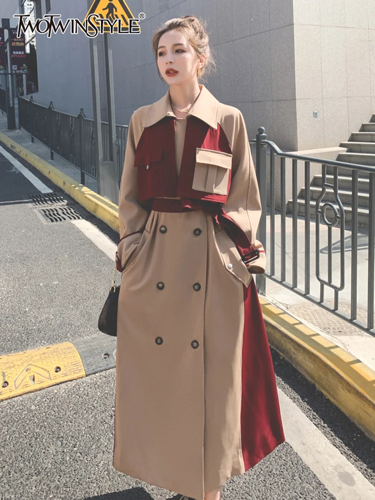 

TWOTWINSTYLE Temperament Windbreaker Female Notched Collar Long Sleeve Hit Color Slim Coats For Women Autumn Clothing 2022 Style