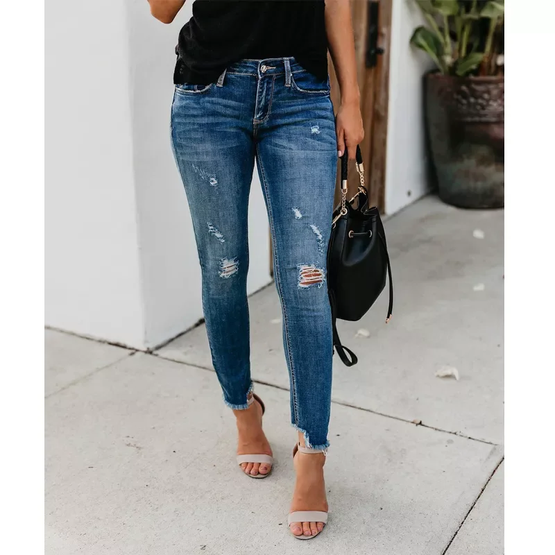 

2023New Newest Hot Women Stretch Ripped Distressed Skinny High Waist Denim Pants Shredded Jeans Trousers