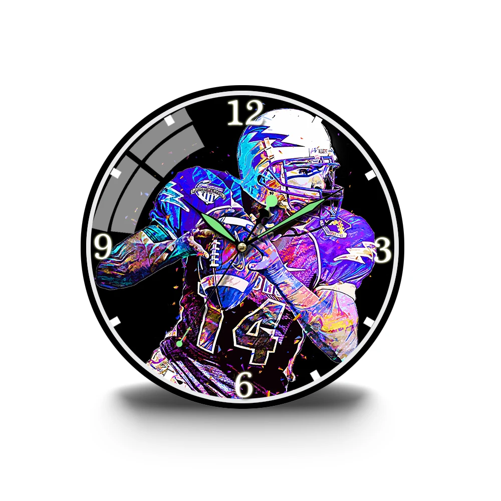 

American Football Players Acrylic Wall Clock Sports Locker Room Wall Decor Modern Design Rugby Mute Watch Football Fan Gift