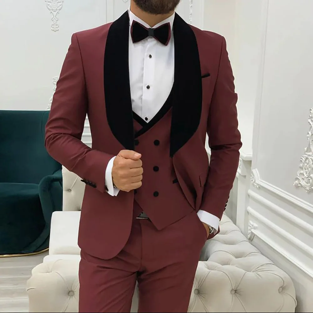 

Роскошный мужской блейзер бордового цвета, черные однобортные костюмы с отложным воротником, пиджак для свадьбы, выпускного, брюки, жилет, облегающий Комплект из трех предметов