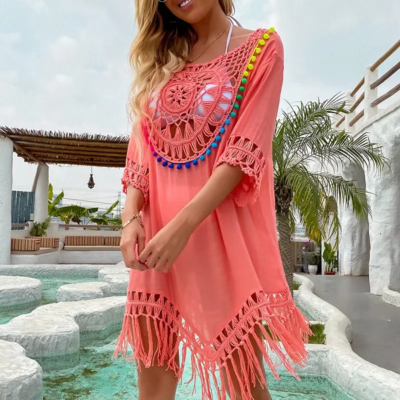 

Sexy Vintage Crochet Cover Ups Plage Women Knitted Beach Dress Tassel Hollow Out Smock Irregular Vacation Bathing Suit Shawl