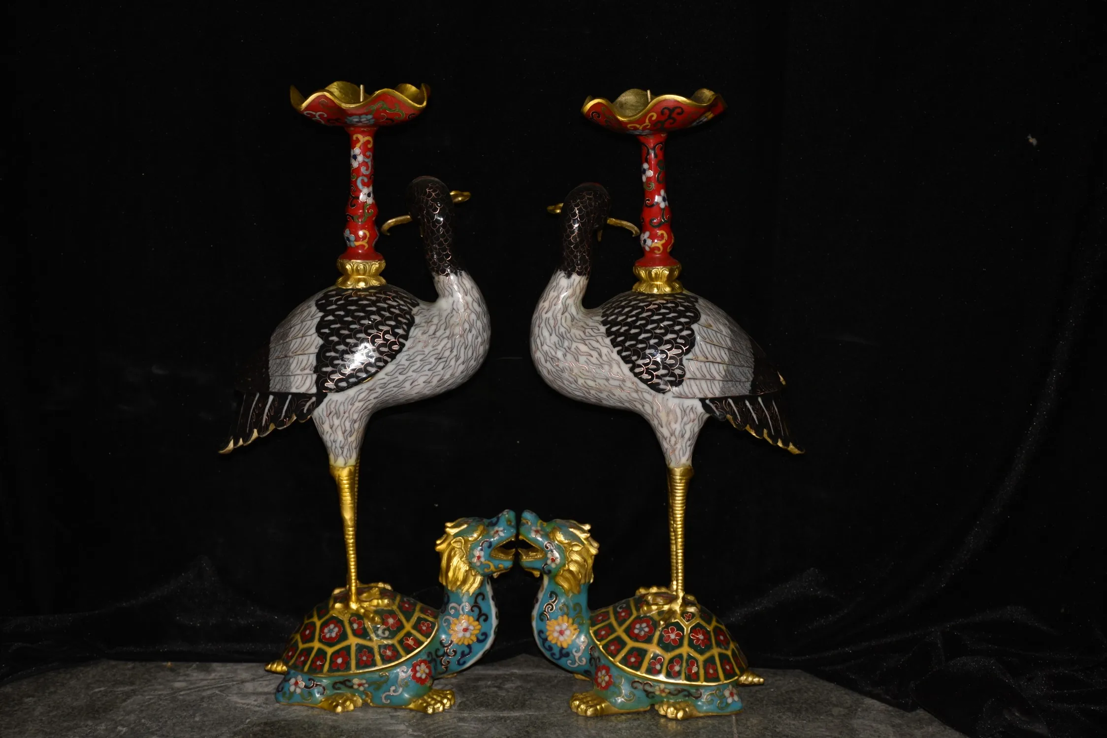 

20" Tibetan Temple Collection Old Bronze Cloisonne Longevity Crane Dragon turtle Candle stand a pair worship hall Town House