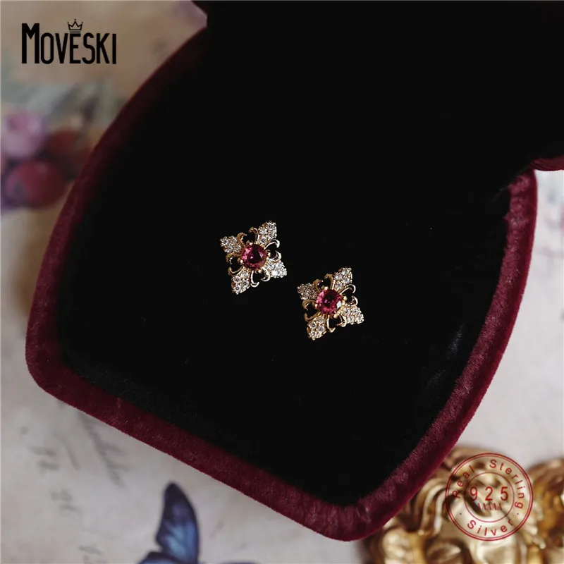 

MOVESKI 925 Sterling Silver Retro Micro-set French Red Zircon Stud Earrings Women Luxury Engagement Jewelry
