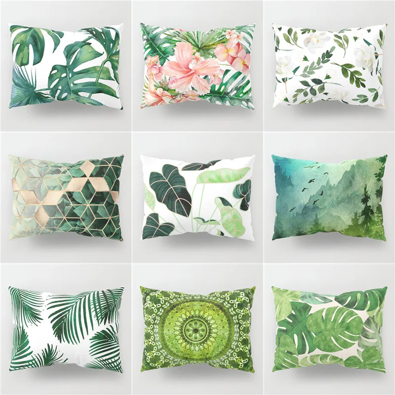 

Green Leaves Cushion Cover Two-sided Prining Short Plush Waist Pillowcases Decorative Sofa Car Home Decor Pillow Cases 30*50cm