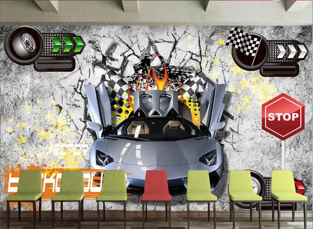 

custom mural 3d photo Wallpapers Supercar broken wall license plate sign home decoration wallpaper for walls bedroom 3d