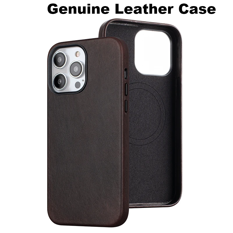 

Italian VegetableTanned Leather Case for iPhone 14 Pro Max Real Skin Case for iPhone 13 Pro Max Magnetic Charging Back Cover