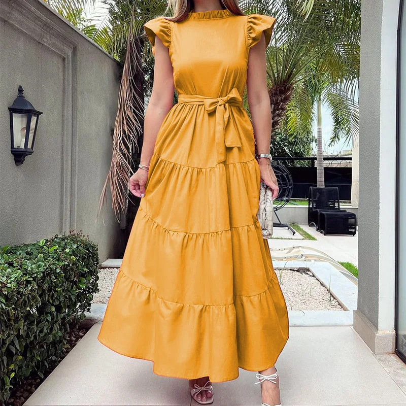 

Women Casual Flying Sleeve Solid Beach Dress Elegant Lace-up Waist Pleated Long Dress Summer Fashion O-neck Ruffle Party Dresses
