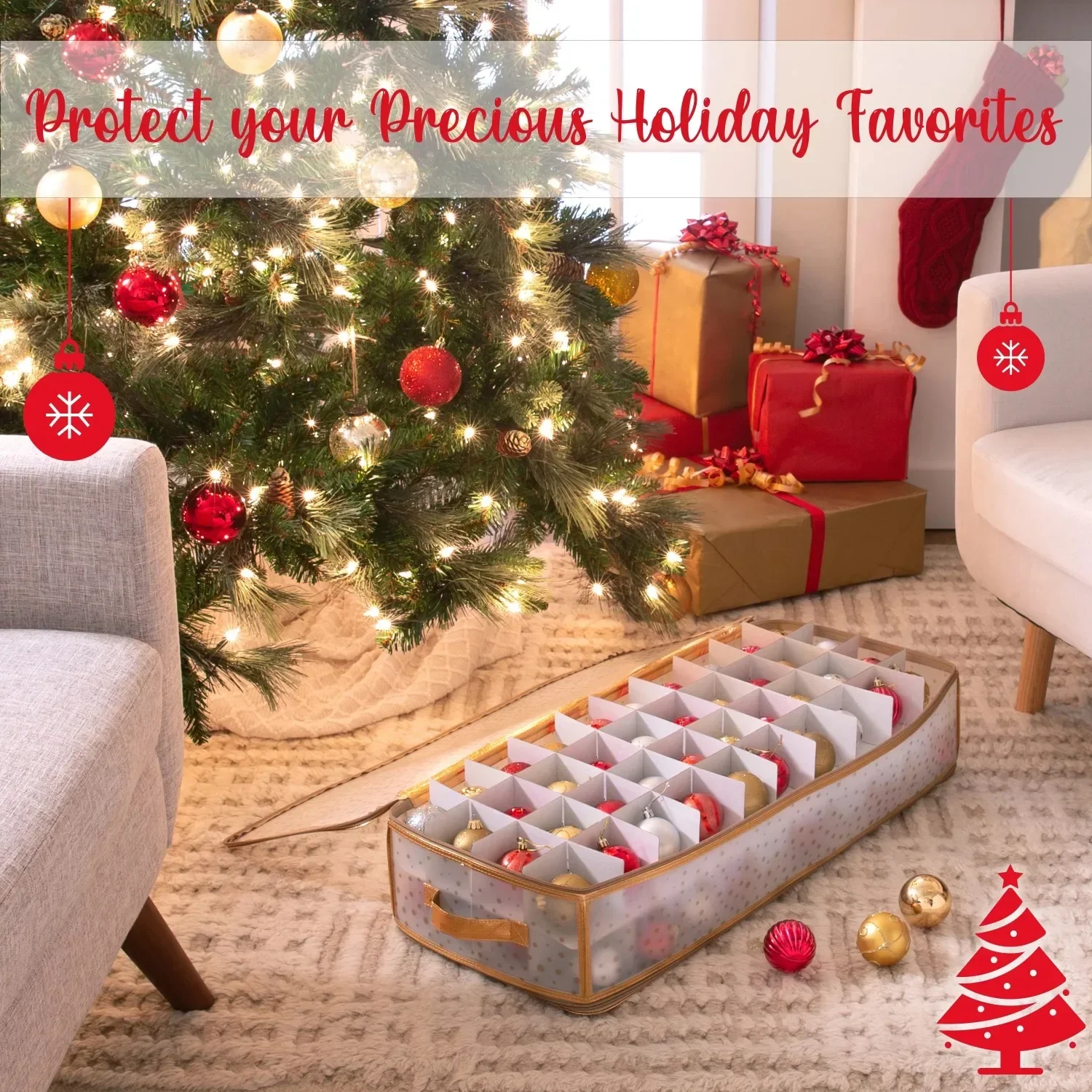 

Plastic and Non Woven 80 Count Ornament Storage Organizer Box, Gold