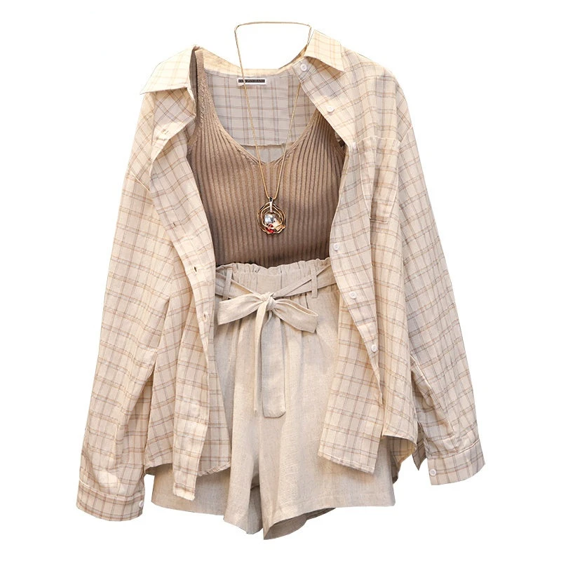 

2022 Summer Women's Short Suit Three Piece Sets Tops Casual Outfits Linen Plaid Shirt Sports Knit Vest with Belt Sportswear