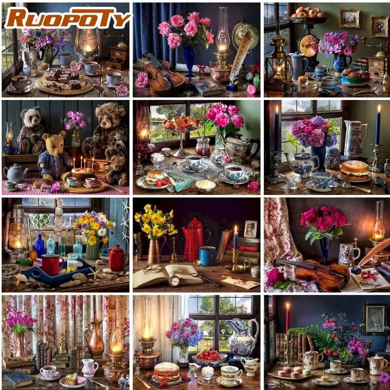 

RUOPOTY Coloring By Number Flowers Kits DIY Oil Painting By Number Flower in vase Drawing On Canvas HandPainted Home Decoration