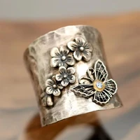 vintage round white zircon butterfly wide rings for women steam punk silver color hand carved flower wedding ring jewelry