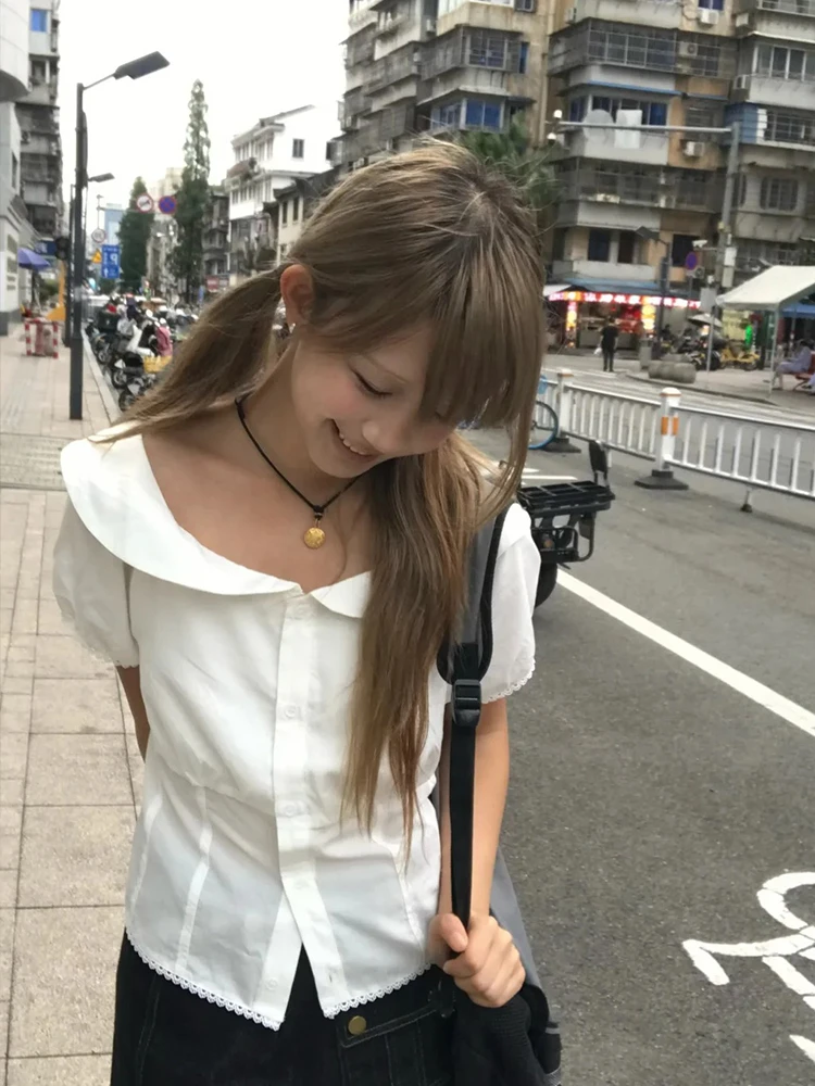 Фото Рубашка Tonngirls Y2k Fairycore для женщин, белая рубашка с коротким рукавом и блузка, уличная одежда в японском стиле, винтажные топы 2000-х годов, летняя одежда для девушек E-girls №4