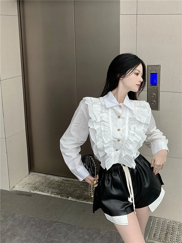 GGB4552 2023 New Fashion Two Piece Set with Ruffle Edge Design Sense French Unique Long Sleeve Shirt PU Leather Shorts GGB4552 2023 New Fashion Two Piece Set with Ruffle Edge Design Sense French Unique Long Sleeve Shirt PU Leather Shorts