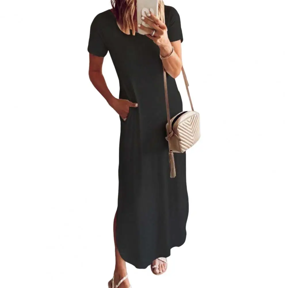 

Women Summer Dress Casual Solid Color O Neck Short Sleeve Loose Pocket Slit Long Dresses for women 2022 Vestidos Streetwear