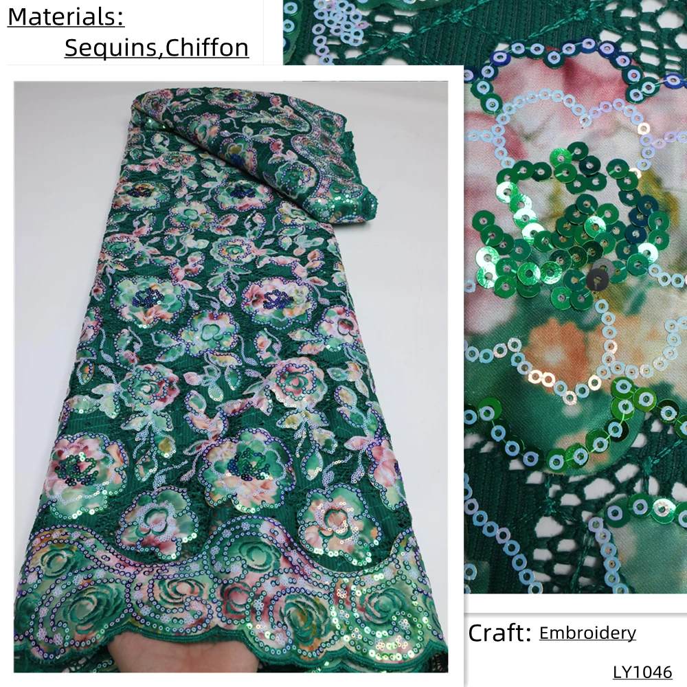 

Popular 2022 High-end African Chiffon Lace Fabric 5Yards Embroidery French Sequins Lace Fabric For Wedding Dress Party LY1046