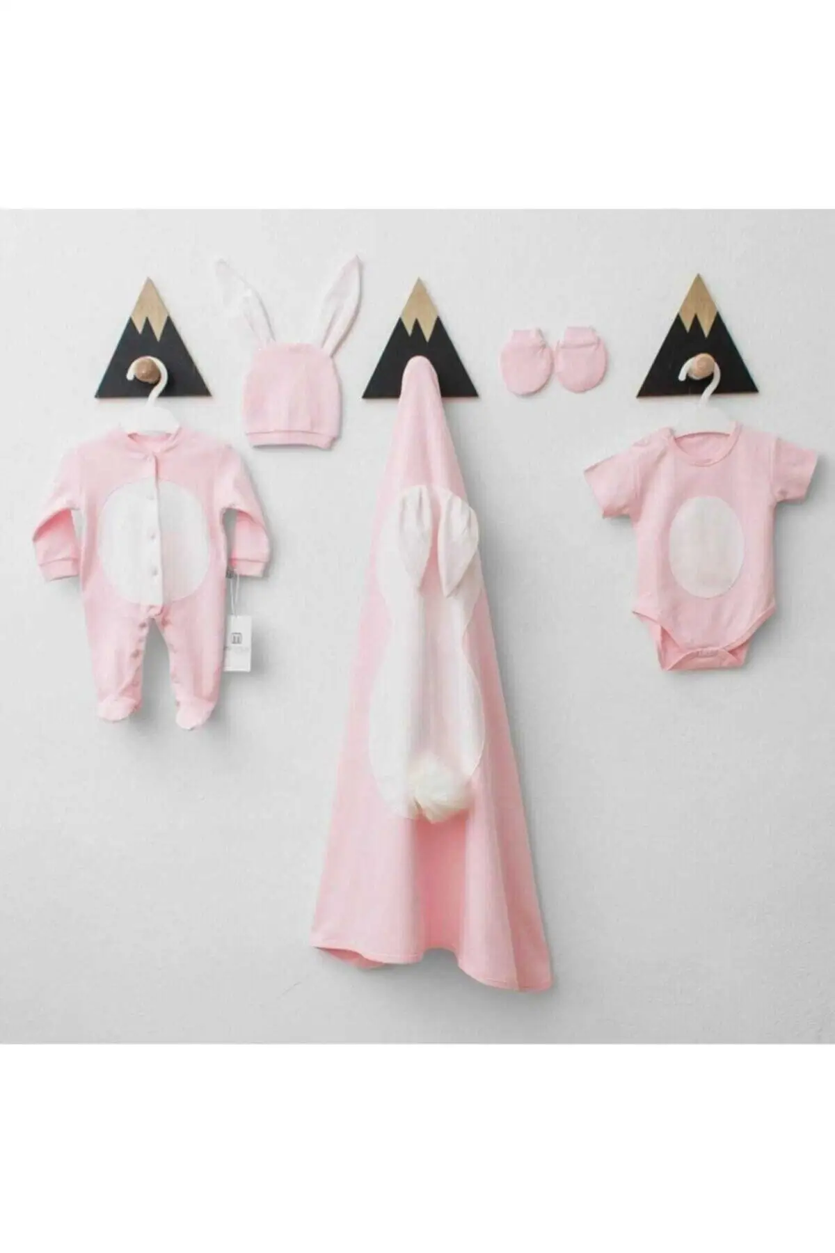 Baby girl 5 Parça Battaniyeli Rabbit Model 0-3 Month Hospital Out Set Mnms333 Printed Cotton 5'li Pink