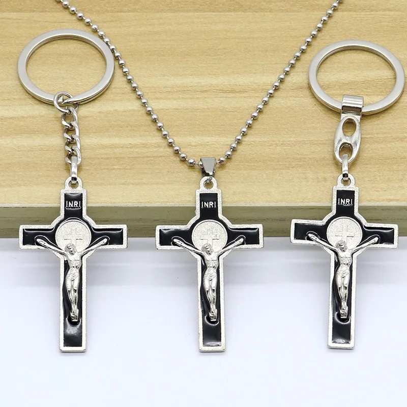 

Catholic Enamel Saint Benedict Medal Crucifix Key Ring With Pendent Gold Religious Jesus Cross Key Chain for Car Keys