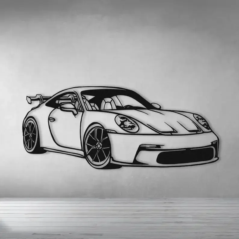 Фото 1 шт. Металлическое настенное искусство 911 Передний металлический силуэт автомобиля Настенное искусство, Металлический настенный художественный декор, Подарок для любителей автомобилей, Подарки для автолея, №1