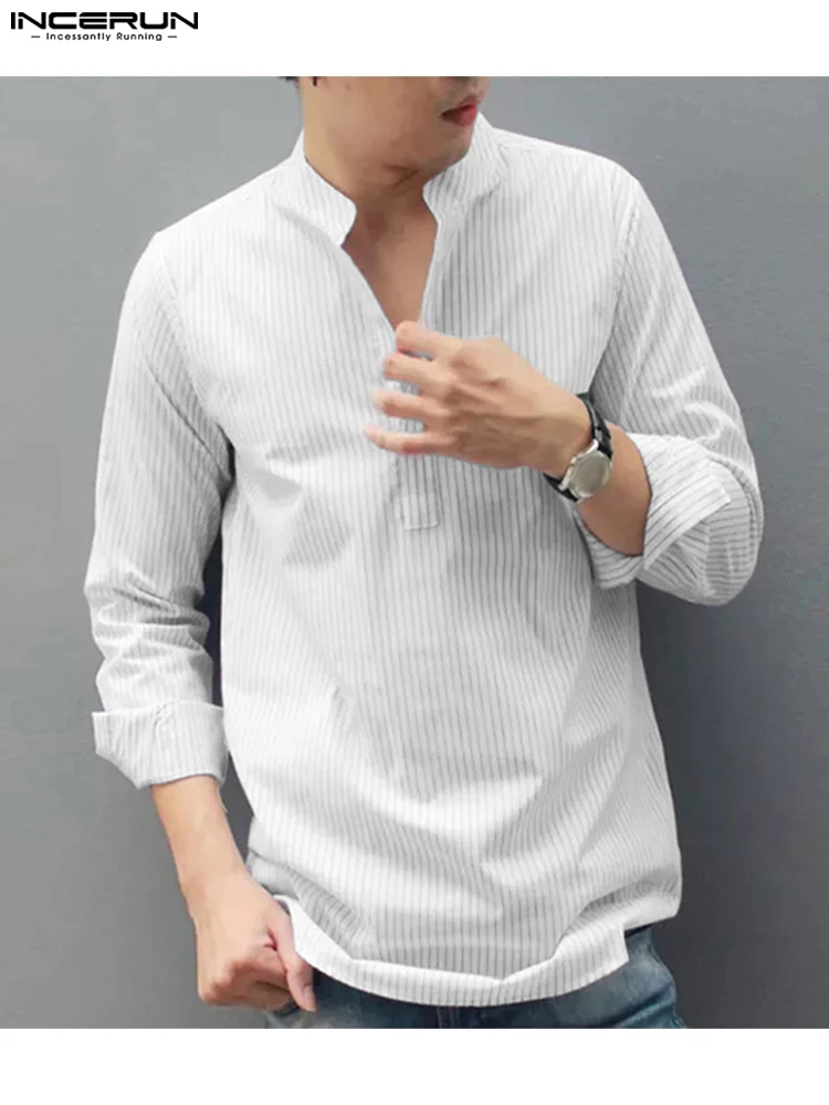

INCERUN Men Casual Shirt Striped 2022 Long Sleeve V Neck Cotton Leisure Men Clothing Streetwear Breathable Korean Shirts S-5XL