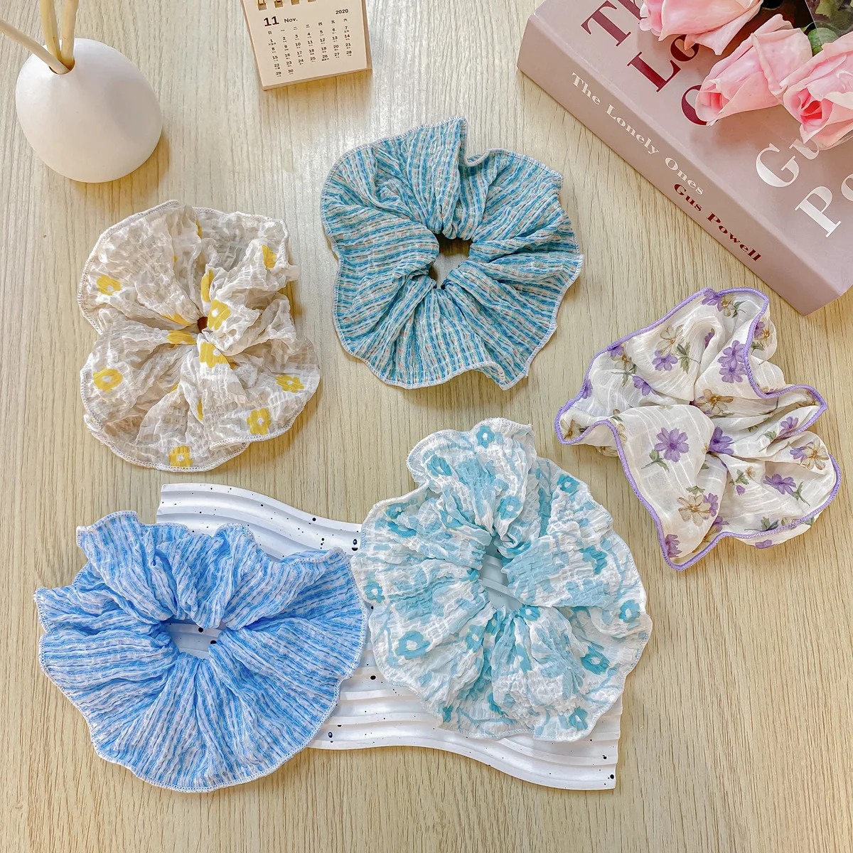 

Korean Blue Purple Sweet Hair Band Fashion Fabric Fold Floral Elastic Scrunchies Head Rope For Woman Girls