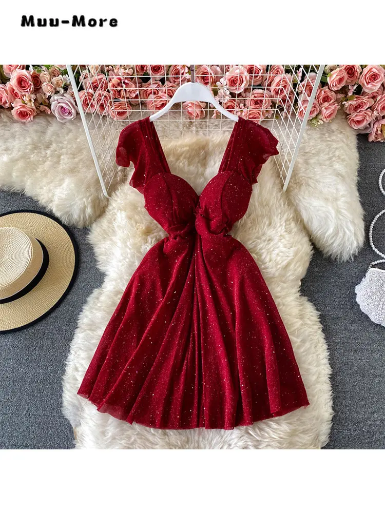 

Женское шифоновое платье-мини без рукавов, элегантное шифоновое вечернее платье во французском стиле с V-образным вырезом и высокой талией, лето 2023