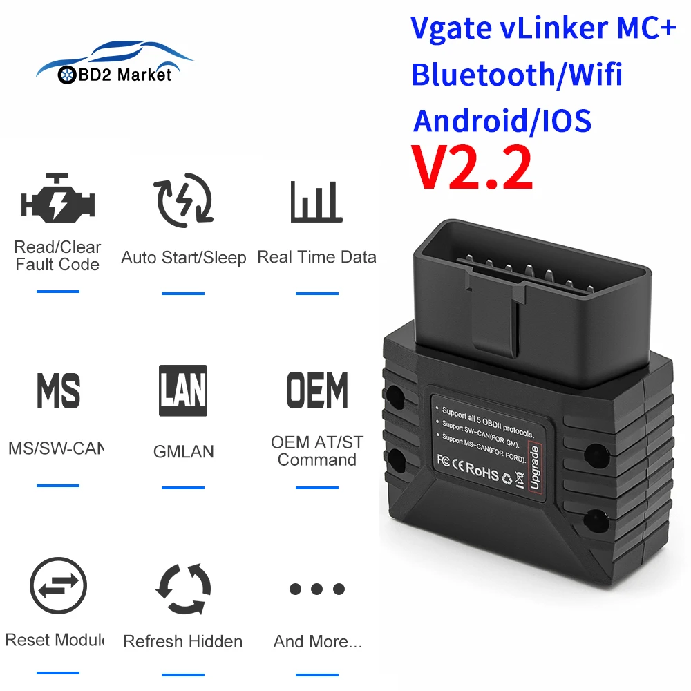 Сканер Vgate vLinker MC + ELM327 V2.2 OBD2, считыватель кодов неисправностей, инструмент для считывания данных, электронный код для сканирования, диагностика двигателя, для IOS