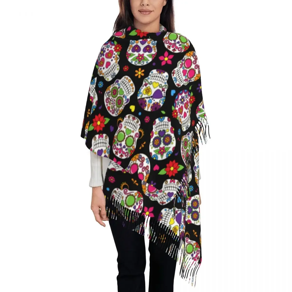 Женский шарф с бахромой большой милым сахарным черепом зимняя Осенняя шаль и